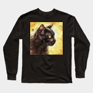 Expressive Painting of Black Cat on a Yellow Background Long Sleeve T-Shirt